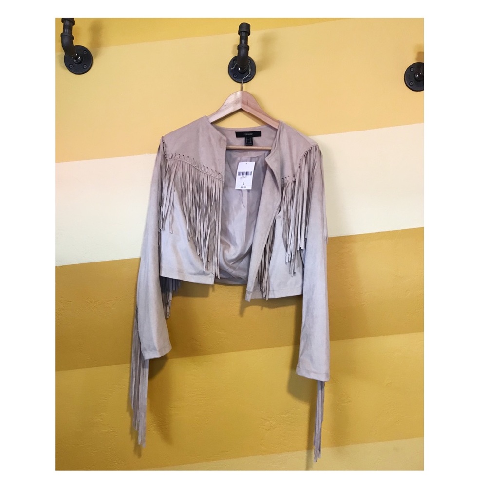 SOLD! Faux Suede Fringe Cropped Jacket - Taupe